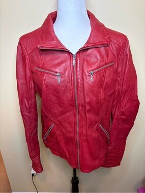 Women's Red Leather Zip-Front Moto Jacket